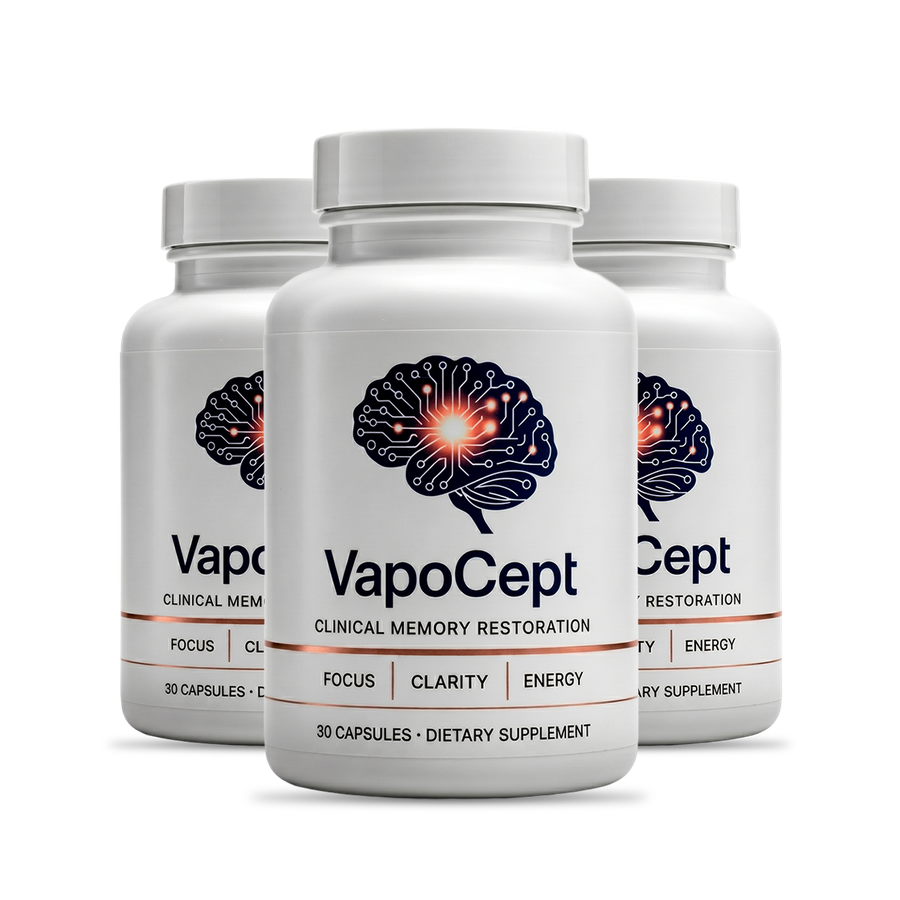 VapoCept official website — three bottles of VapoCept Clinical Memory Restoration, 30 capsules each